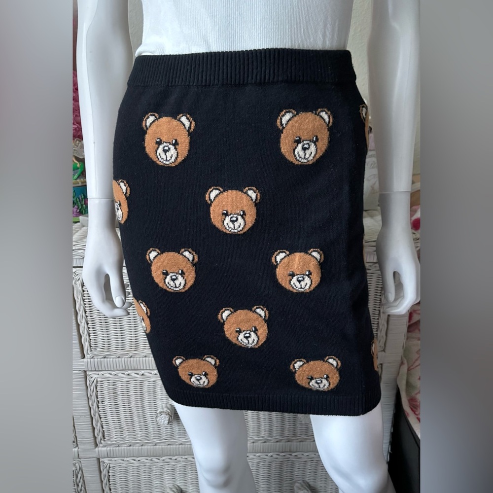 Mini Skirt Teddy Bear Face High Rise Wool Knit Ribbed Waist Brown & Black Size 2
